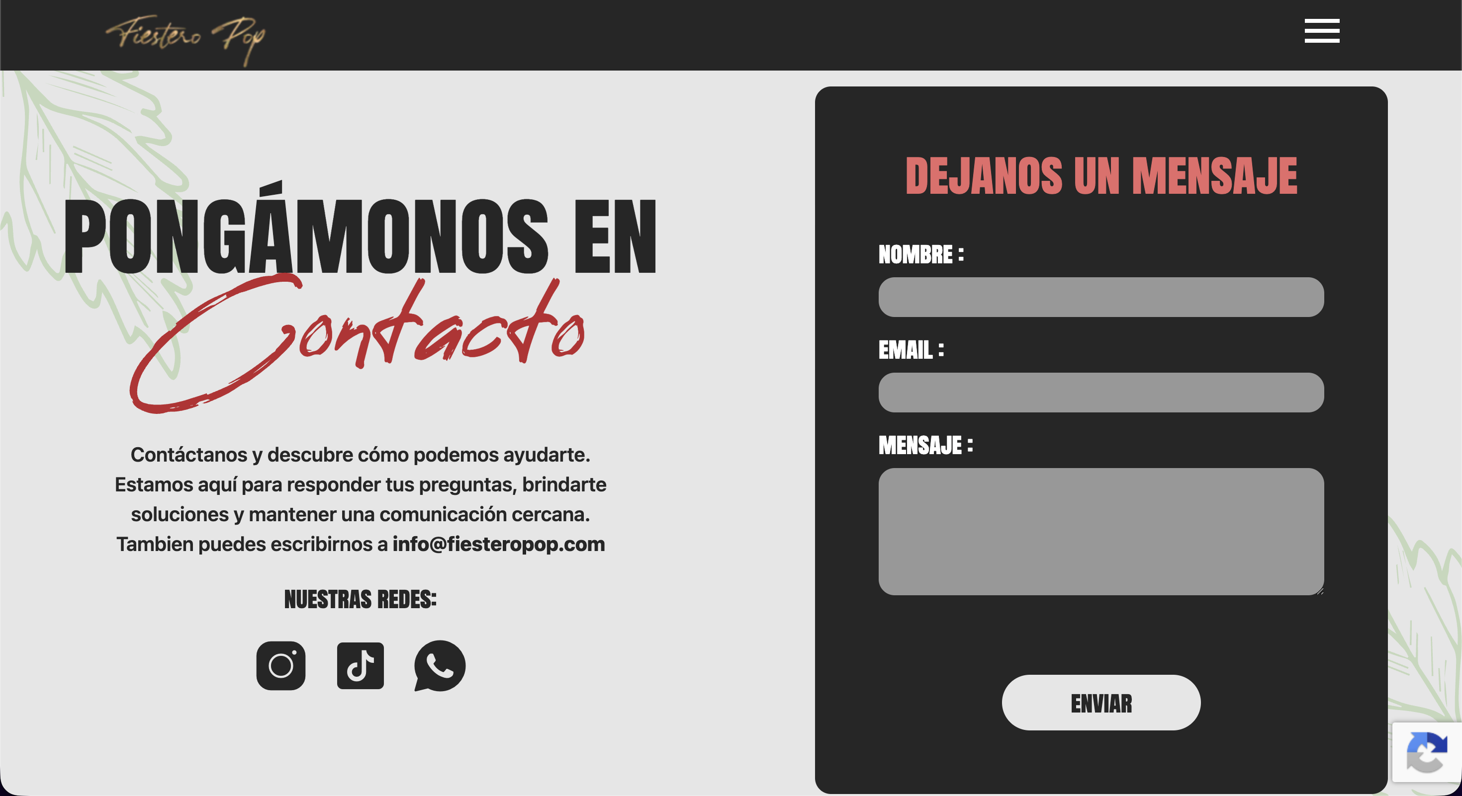 Fiestero Pop contact page